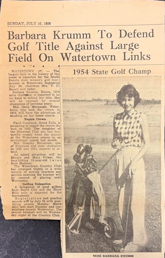 1955 newspaper clipping — Barbara Krumm to defend golf title